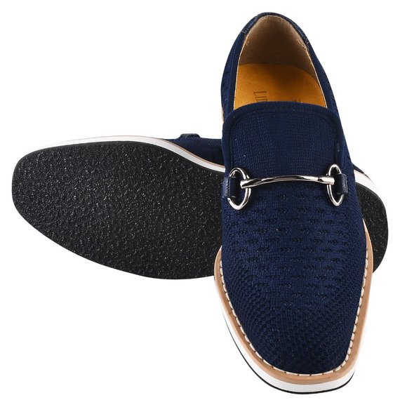 Joyce Boys Textile & Lizard Print Leather Kids Slip on Navy Loafer Shoes - Picture 2 of 7